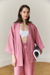 Timeless Fashion Lin Wrap Kimono Coord Set avec Poches Ceinture Longue Longueur Manches Courtes Style Japonais Tissé Taille Naturelle - Product Image 4