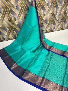 Custom Made Brocade Silk Sarees in Blue Color Made From 100% Silk <b>Fabric</b> Ideal for Silk <b>Fabric</b> and Clothing Stores - Product Image 2