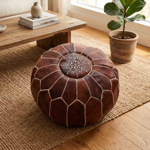 Handmade Genuine <b>Leather</b> Round <b>Pouf</b> Cover with Geometric Embroidery Bohemian Style Stitched Design Zipper Closure Home Decor - Product Image 1