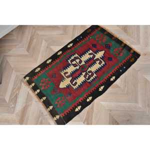 1.8x2.7 ft Turkish Rug Small Vintage <b>Red</b> Patchwork <b>Wool</b> Rug with Latex Backing Eco-Friendly - Product Image 4