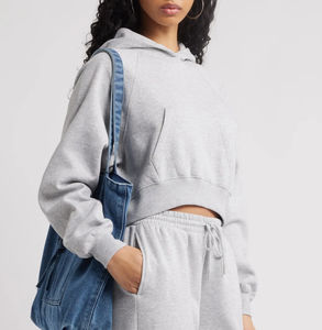 Femmes gris polaire éponge Crop sweat à capuche à manches longues décontracté brodé imprimé tricoté hiver automne printemps court respirant - Product Image 3