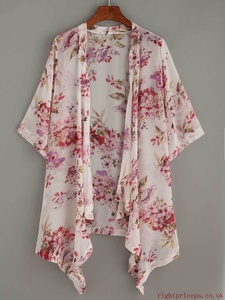Women <b>Kimono</b> Cover up V Neck Flower Pattern Front Open Train Bottom Frill Casual Printed Chiffon A-Line Knee-Length Tunics - Product Image 6