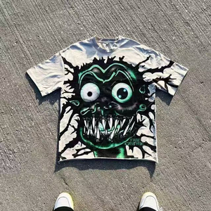 2025Boxy hommes lavage à l'acide T-Shirt 100% coton en détresse graphique imprimé col montant coupe ample Dtg imprimé graphique T-Shirt court - Product Image 5