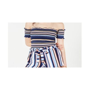 Crave Fame Top Corto da Donna in Cotone con Spalle Scoperte e Arricciature, Stile Casual Coreano a Righe, per Autunno e Primavera, Blu XL - Product Image 3