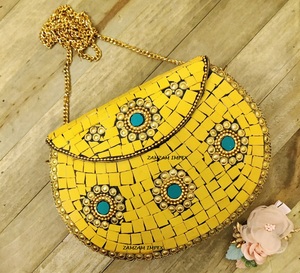 ZAMZAM IMPEX <b>Yellow</b> Stone Metal Inlay Evening Clutch Bag Handcrafted Designer <b>Purse</b> for Women Daily Use Parties Special - Product Image 2