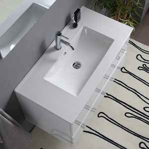 Meuble de salle de bain mural blanc brillant de 90 cm avec 2 tiroirs, miroir et lampe Baltimora, ensemble élégant - Product Image 5