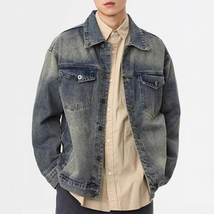 Men's Washed <b>Denim</b> Jacket Casual Loose Fit Turn-down Collar Button-up Solid Color Cotton <b>Coat</b> for Autumn - Product Image 2