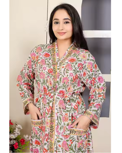 Albornoz de algodón estampado para mujer con mangas largas en la cintura y bolsillos dobles, ropa de casa ligera para verano y relajación - Product Image 5