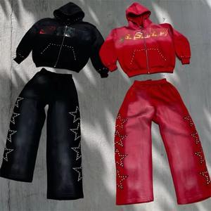 ชุดฮู้ดดี้ผู้ชายแบบสั่งทำพิเศษ พิมพ์ลายสกรีน ล้างสี ประดับคริสตัล พร้อมกางเกงวอร์มขาบานทรงสแตก สำหรับฤดูหนาว - Product Image 1