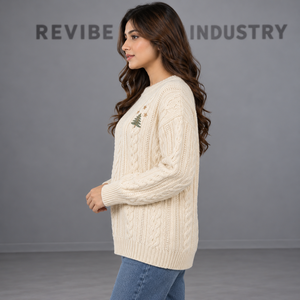 Women's Christmas Cable Knit Sweater Ivory Crew Neck Pullover with Embroidered Tree Winter Holiday Casual Knitwear OEM Wholesale - Product Image 2
