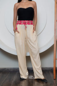 Hot Selling Women's Cotton Straight Pant with Embroidered Contrast Waistband Comfy Summer <b>Trouser</b> Pants in Beige Blue & Navy - Product Image 3