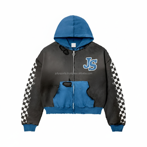 Haute Qualité 380 GSM Coton Polyester Fermeture Éclair À Capuche Bleu Capuche Poche Noir Corps Checker Panneau Personnalisé Chenille Logo Basics À Capuche - Product Image 1