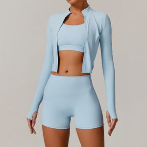 Ensemble de Yoga écologique trois pièces pour femmes veste à glissière short soutien-gorge pour entraînement sans couture entraînement de gymnastique Fitness tenue athlétique - Product Image 6