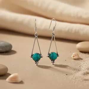 Boucles d'oreilles pendantes géométriques en forme de goutte d'eau plaquées argent avec turquoise sertie pour femme, style bohème, bijoux de mariage - Product Image 2