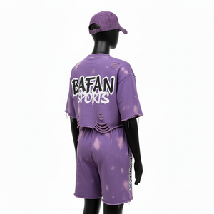 Conjunto de Camiseta y Pantalones Cortos de Algodón Premium para Mujer, Felpa Suave y Transpirable, Lavado Ácido Morado, Estampado, 100% Algodón - Product Image 5