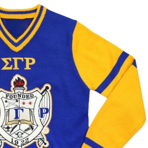 SGRho scollo a V manica oro blu reale Sigma Gamma Rho hibu greco confraternita abbigliamento ricamato Crest College abbigliamento in maglia - Product Image 3
