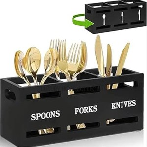 Vintage-style handcrafted wooden <b>cutlery</b> holder with an eye-catching design and durable compartments for tableware storage - Product Image 3