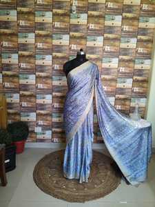 Saree élégant en soie bleu beige pour filles, robe de soirée traditionnelle à imprimé géométrique complexe, vêtements indiens pakistanais - Product Image 2