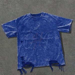 Camiseta Oversize para Hombre con Lavado Ácido y Efecto Desgastado, Azul, con Dobladillo Deshilachado, Estilo Urbano, Estampado Distintivo, 100% Algodón - Product Image 1
