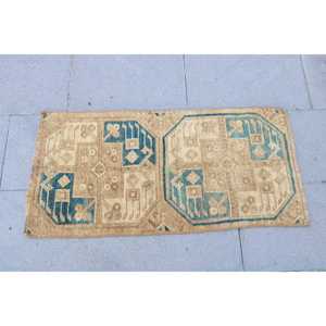 Vintage Turkish Rug, 1.5x3.1 ft Small Rug, <b>Brown</b> Blue Floral <b>Wool</b> Rug - Product Image 4