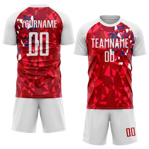 ชุดฟุตบอลผ้าโพลีเอสเตอร์พร้อมเสื้อและกางเกงขาสั้นชุด100% สีแดงและสีขาวดีไซน์ใหม่ - Product Image 2