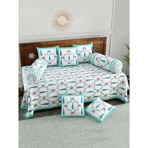 BLOCKS INDIA Ensemble Diwan en coton 8 pièces Deewan Drap de lit imprimé et housses de coussin (Turq Patti) pour salle de séjour et lit - Product Image 5
