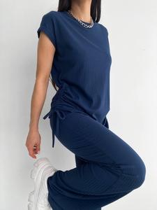 Camiseta de manga corta de color sólido de verano personalizada, pantalones de pierna ancha, conjunto informal de punto de dos piezas para mujer, gris - Product Image 6