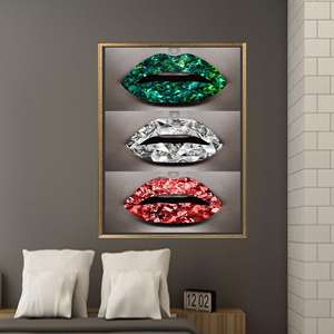 Luxury Printed Canvas Artwork: Three Shimmery Lips, Elegant Decor,Gold <b>Framed</b> - Product Image 1