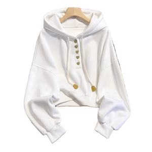 Sudadera con Capucha de Punto para Mujer, Nueva Colección Otoño Invierno, con Botones Decorativos, Forro de Terciopelo, Gruesa, Holgada, de Manga Larga - Product Image 1