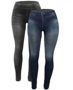 Women's Full Length Denim Print Jeans Jeggings Seamless Fleece Lined Leggings