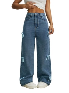 Mid Waist Women Straight Leg Jeans <b>Wide</b> Fit Denim Breathable Quick Dry <b>Ribbon</b> Bow Style - Product Image 4