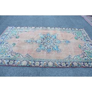 Alfombra Turca de 5.5x9.1 pies, Alfombra Vintage Grande, Alfombra de Lana Sólida Azul y Rosa - Product Image 3