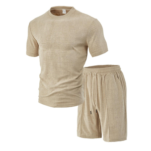 Vente en gros de t-shirt à rayures 100% coton 250 g/m² personnalisé ensemble short et t-shirt ample surdimensionné grande taille vêtements d'été décontractés pour hommes - Product Image 2