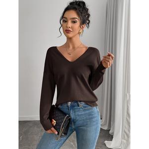 Pull-over d'hiver pour femme, col en V, manches longues, tricoté, avec ceinture - Product Image 5
