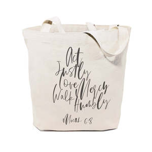 Sac fourre-tout en toile de coton avec motif de lettres « Agis en justice, aie la miséricorde, marchez humblement - Micah 6:8 » - Product Image 1