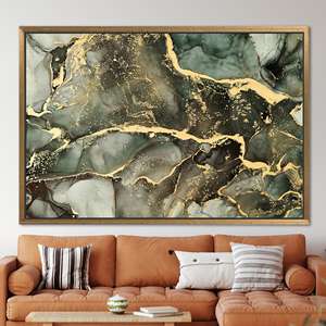 Toile imprimée : Art moderne de luxe marbré vert et or, 1P : encadré or - Product Image 1