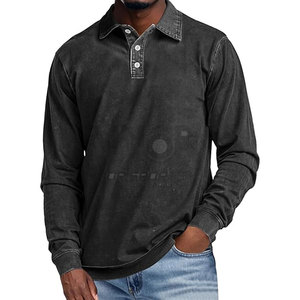 French Terry Vintage Acid Wash Camisetas Polo de manga larga para hombres Moda de calle de gran tamaño - Product Image 1