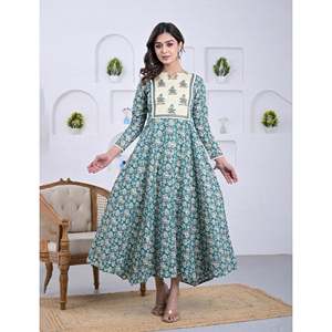 Cotton Firozi <b>Block</b> <b>Printed</b> Indian Salwar Kameez Pakistani Styled Anarkali Dress in Georgette Material Stitched Clothing - Product Image 3
