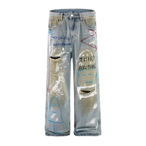 Haut de gamme hommes 100% coton jambe droite jean léger nouveau Style de rue américain Ruffian trous peints taille moyenne jambe large - Product Image 1