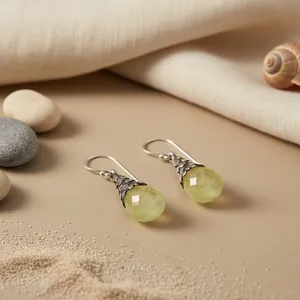 Boucles d'oreilles pendantes vintage tibétaines en argent 925 avec pierre de quartz verte sertie clos, bijoux de mode pour femmes - Product Image 3