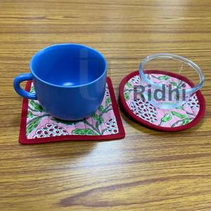 Quilted Piping Strawberry <b>Pink</b> <b>Coasters</b> 5x5" Hand Block Print Cotton Eco-Friendly Customized Thickness Boho Table Dcor Kitchen - Product Image 4