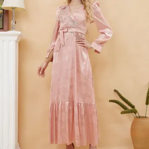 Robe islamique de Dubaï Turquie douce et confortable en soie lisse rose col en V imprimé taille libre robe de femme musulmane pour femmes