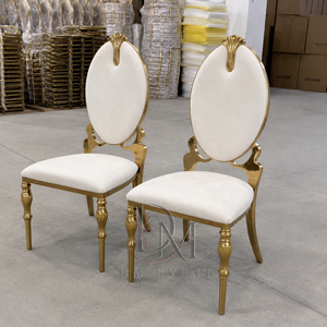 Gold Ornate Oval Medallion Back Stainless Steel Event Chair with <b>White</b> <b>Cushion</b> for Wedding and Hotel Banquets Wholesale Seating - Product Image 1