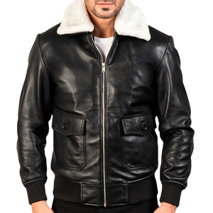 Bomber Veste en cuir d'agneau Cols écartés Doublure en cuir de vachette satiné et polyester pour hommes Fermeture à glissière avec vestes à manchettes boutonnées - Product Image 2