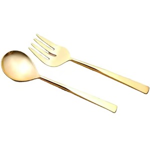 Juego de Cubiertos para Servir Ensaladas con Mango Plano de Acero Inoxidable Chapado en Oro, Juego de Cubiertos para Servir Comida en Bares - Product Image 1