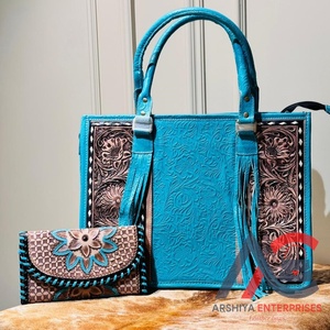 Bolso de mano grande de cuero con estampado floral turquesa y conjuntos combinados de cartera floral turquesa a mano de moda occidental para mujer - Product Image 1