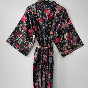 ชุดคลุมอาบน้ำกันหนาวให้ความอบอุ่นน้ำหนักเบาทำด้วยมือสไตล์อินเดียชุดกิโมโนผ้าฝ้ายลายดอกไม้สไตล์โบฮีเมียนผ้าทอพิมพ์ลายนก - Product Image 1