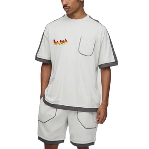 MEYBA SPORTS New Arrival Grey Contrast <b>Pocket</b> <b>T</b>-<b>Shirt</b> Shorts Set Casual Streetwear Summer Two-Piece Breathable 100% Cotton - Product Image 1