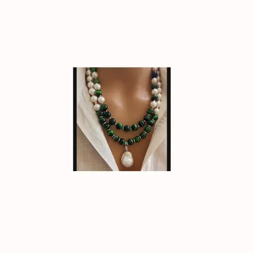 Fashion Luxurious Handmade Malachite Green And Shell Pearl With Baroque Pearl Locket Necklace For Women