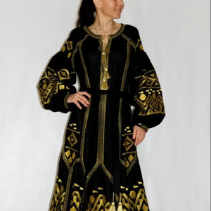 Maxi vestidos ucranianos con bordado de diseñador personalizado con cuello en V y Parte delantera abierta y cinturón elegante al por mayor precio barato de OEM - Product Image 2